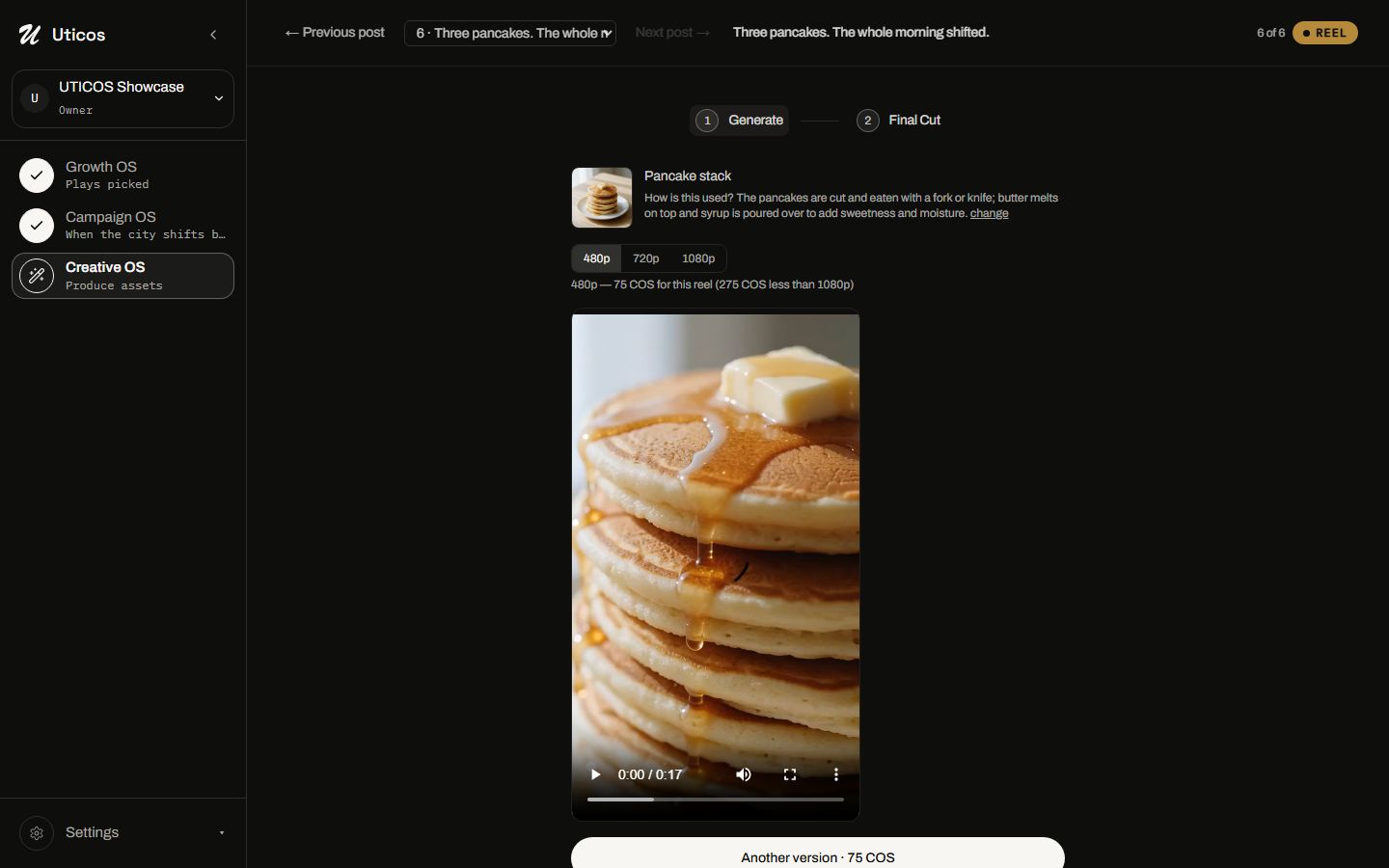 Creative OS — a post page with its finished reel
